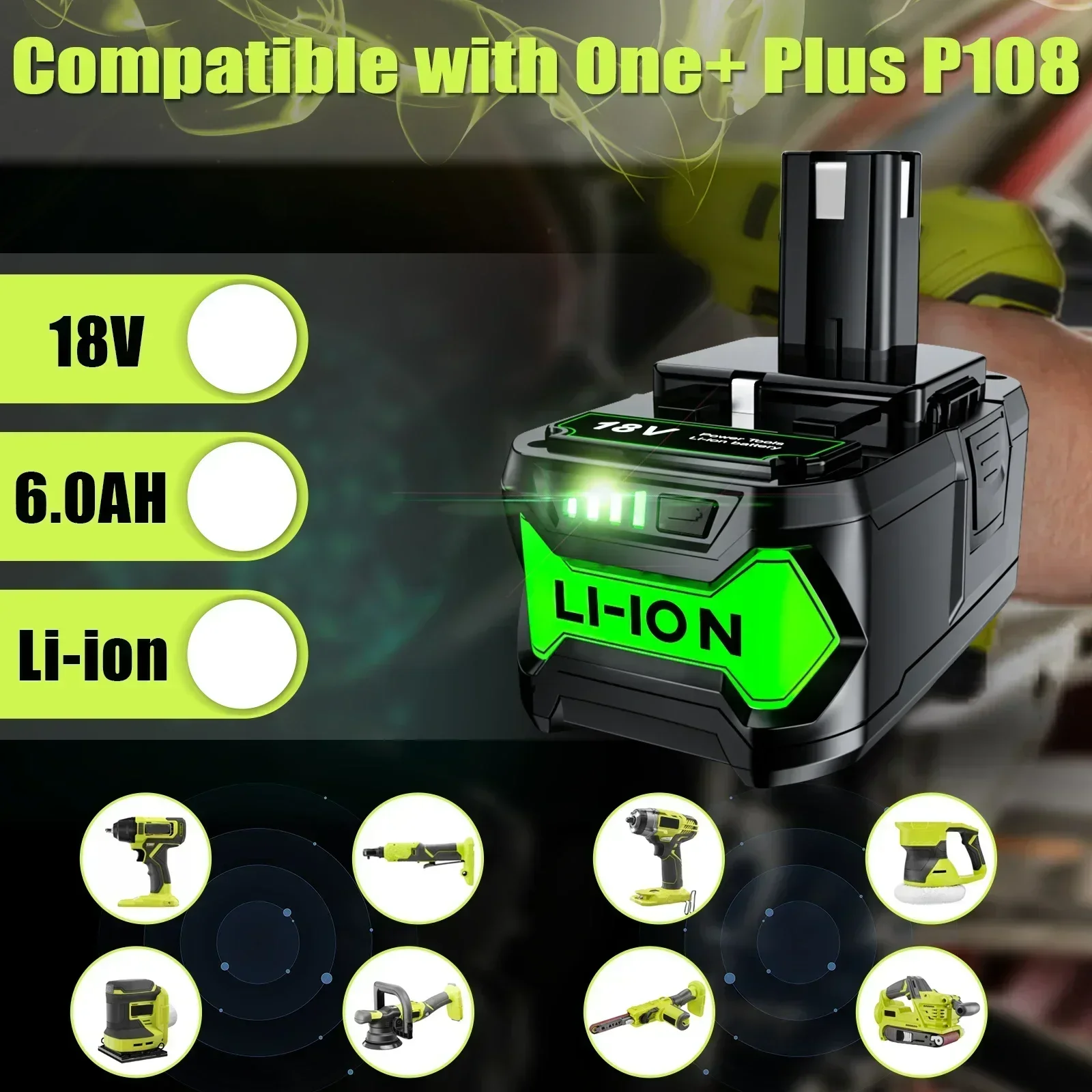 6.0 Ah For RYOBI P108 18V One+ Plus High Capacity Battery 18 Volt Lithium-Ion DP