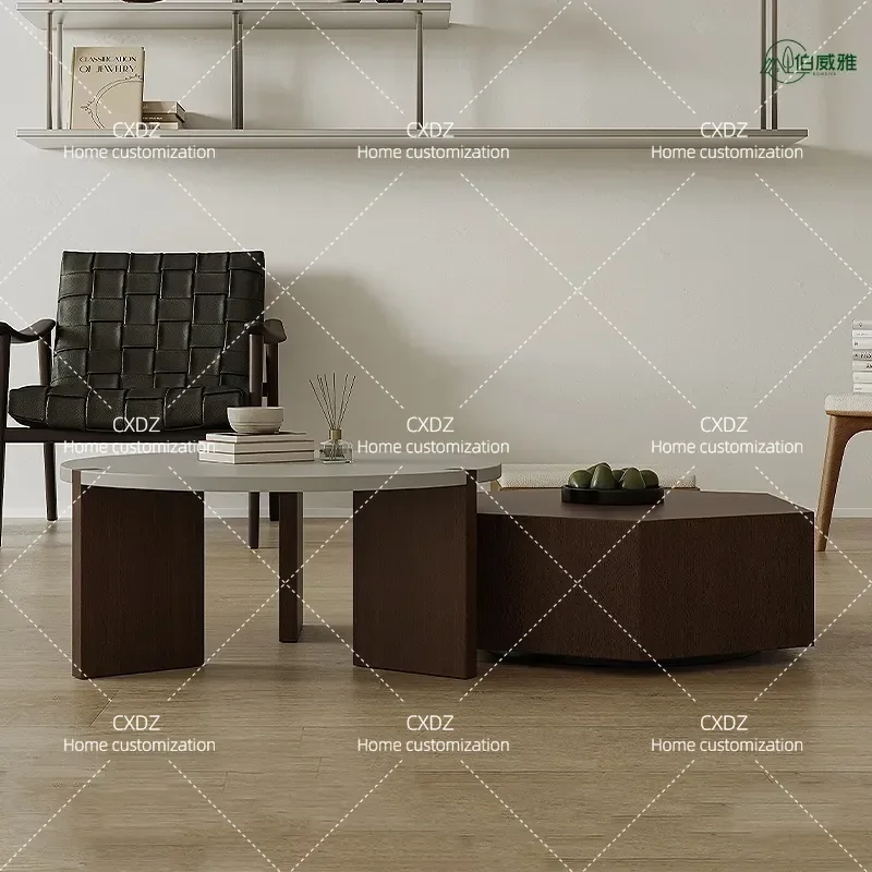 Italian Minimalist Round Coffee Table Set Smoked Veneer Small Size for Apartment Living Room Modern Household Furniture