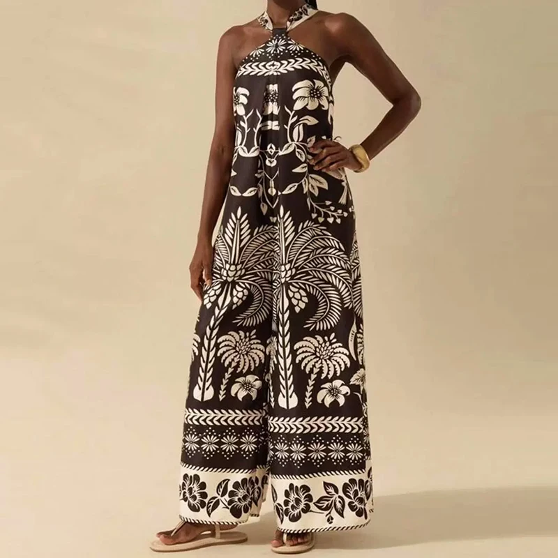 

Sexy Off Shoulder Wide Leg Long Jumpsuit Women Elegant Sleeveless Hight Street Loose Bohe Romper Fashion Pattern Print Playsuit