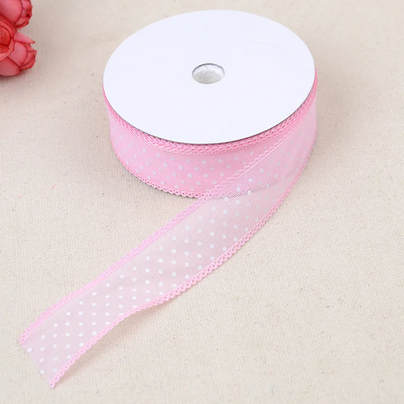 Width 25mm Dots Organza Ribbon for DIY Headwear Wedding Party Decoration Gift Wrap 5 Yards