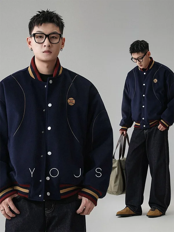 

Мужская зимняя теплая хлопковая куртка с бейсбольным воротником и контрастной строчкой в американском стиле, модная короткая верхняя одежда