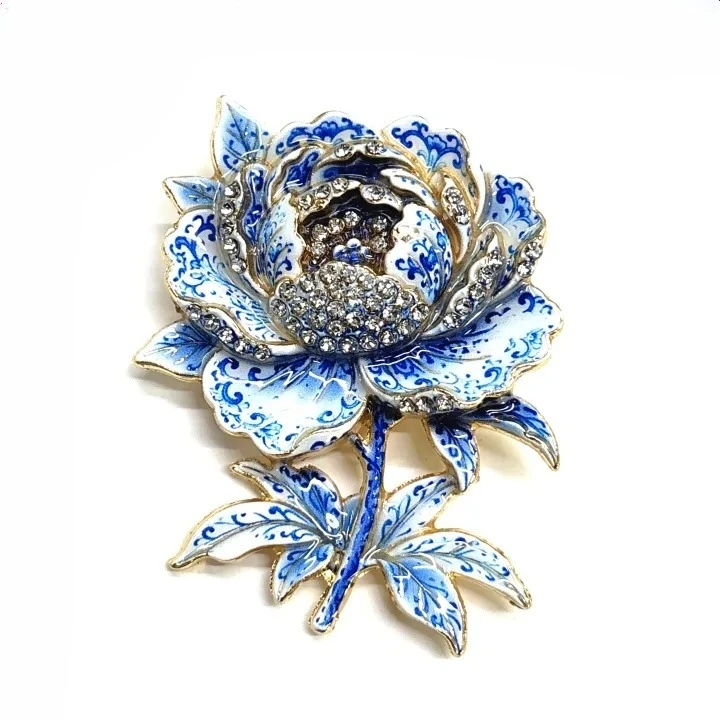 Blue and White Porcelain Peony Brooch Crystal Enamel Flower Pin Vintage Chinese Style Jewelry Accessory