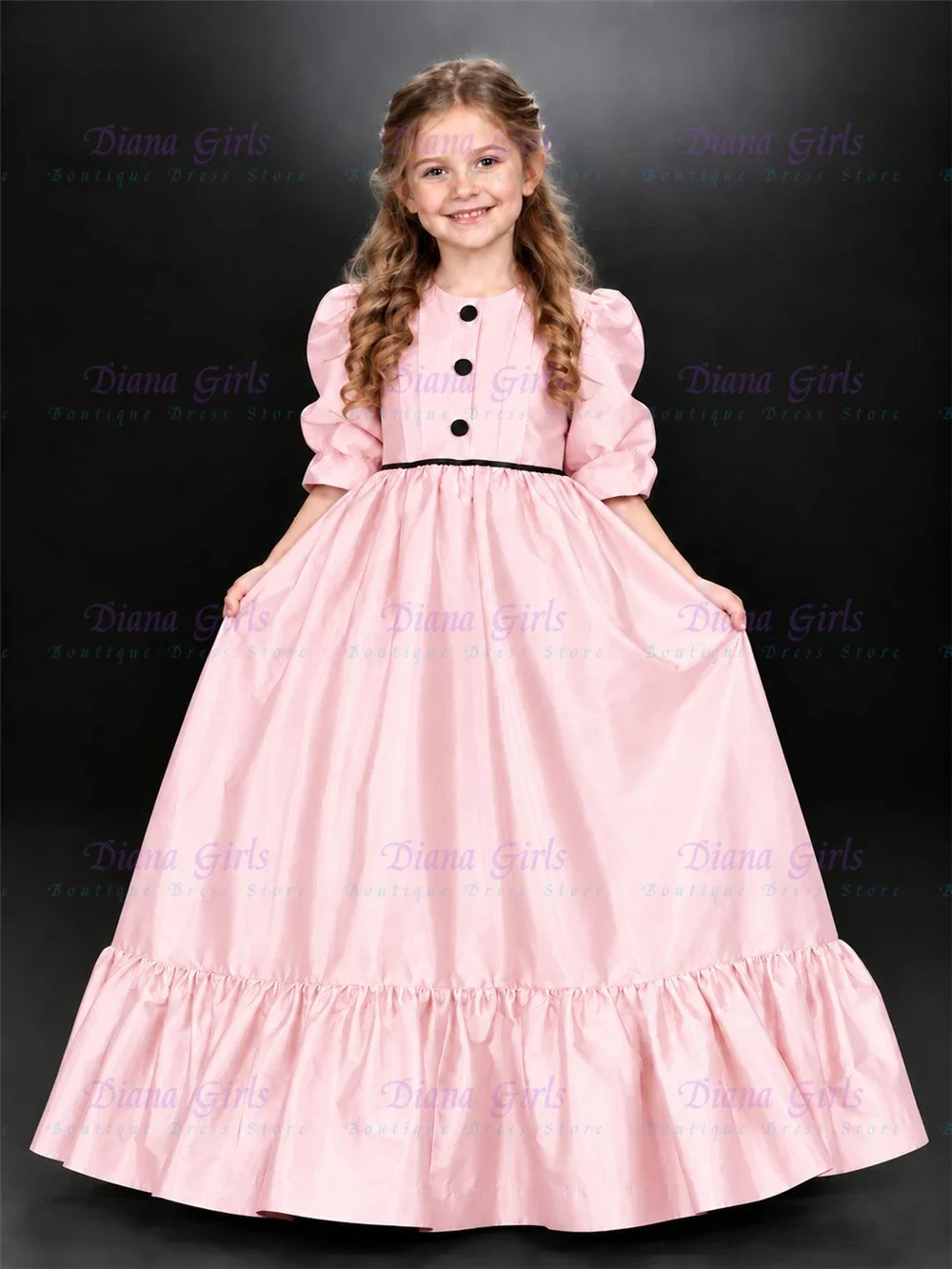 Elegant Puff Sleeve Flower Girl Dress Quality Satin with Ruffled Hem for Wedding Ball Kids Birthday Party First Communion Gowns