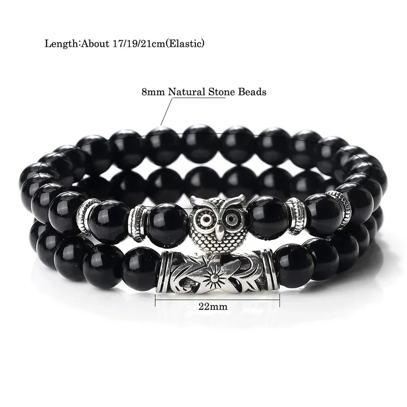 Pulsera de cuentas de piedra Natural a la moda para hombre, cuentas clásicas de búho con cuentas de ónix de Lava negra, pulseras con dijes, joyería para mujer, regalo para parejas