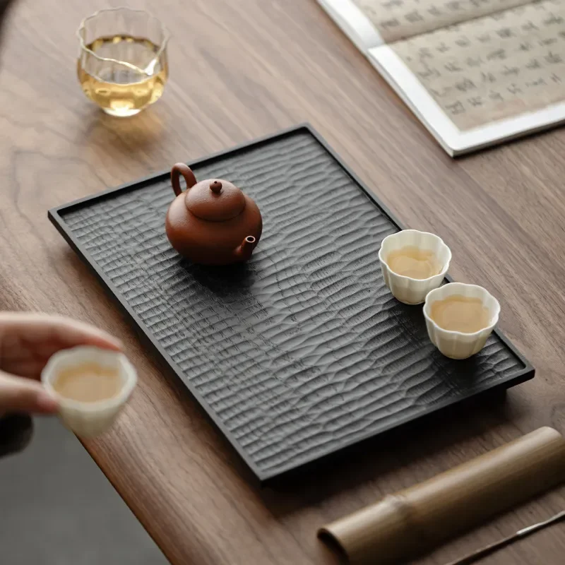 White Wax Wood Charcoal Roasted Tea Table Rectangular Kung Fu Set Wabi Sabi Style Household Storage Tray for Chinese Tea Room