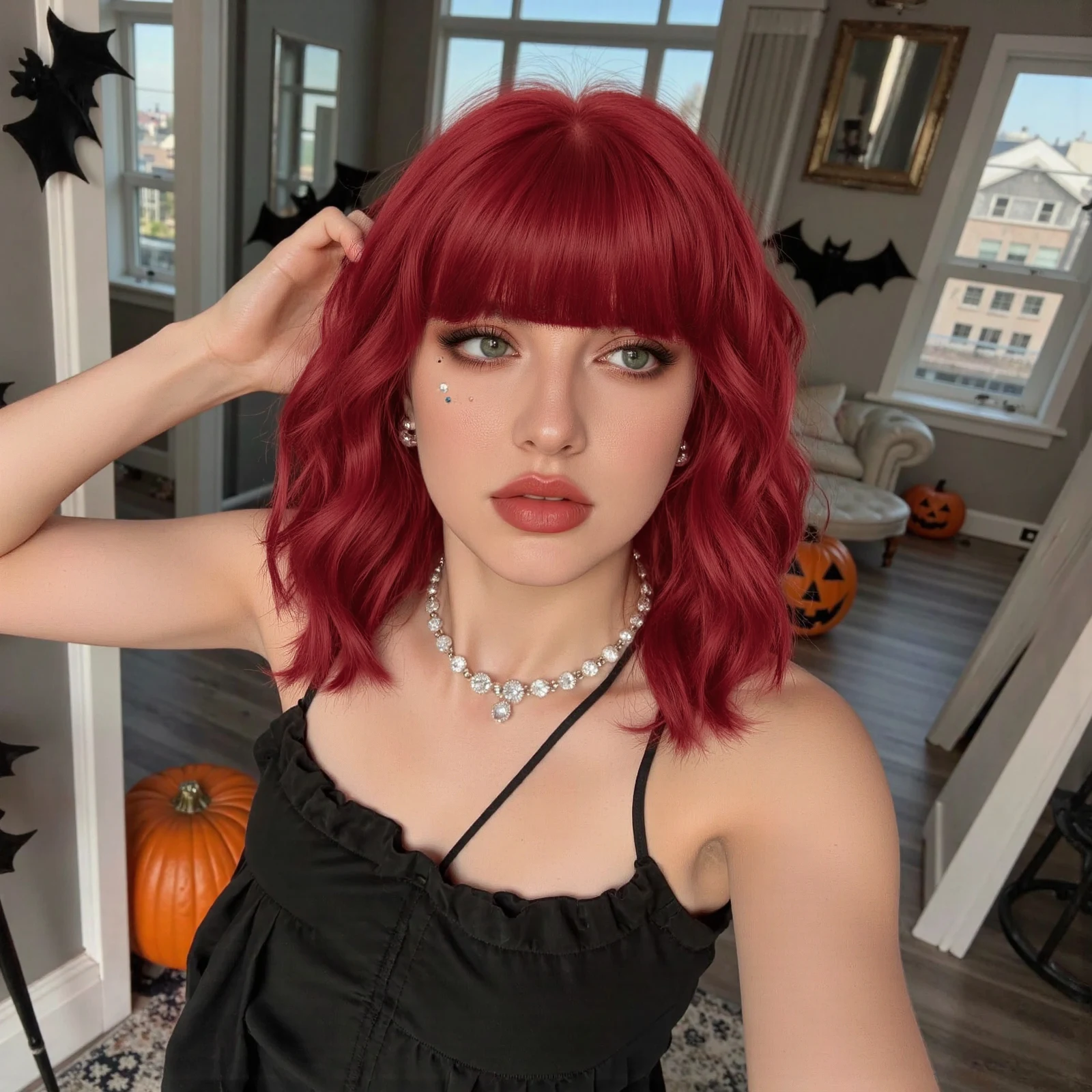 هالوين قصيرة مجعد متموجة بورجوندي النبيذ الأحمر شعر مستعار اصطناعي لوليتا شعر مستعار مع الانفجارات للنساء تأثيري الطرف استخدام مقاومة للحرارة #1