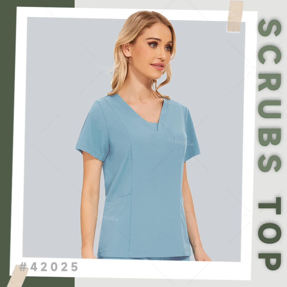 Working Scrub Healthcare Nurse Uniform Womens Short Sleeve Pockets Shirts Tunic Medical Nursing Scrubs Tops