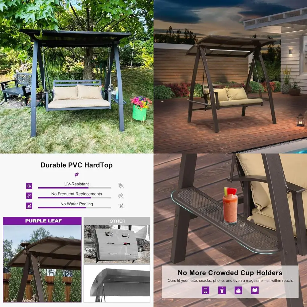 

Adjustable Canopy 2-Seat Metal Patio Swing Bench with Glider and Side Cup Holders