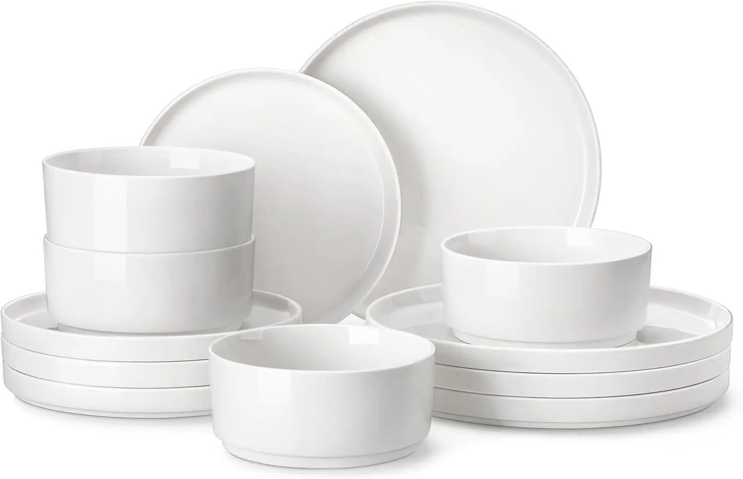 

12 Pieces Porcelain Dinnerware Set, Modern White Dish Set for 4, Premium Serving Plates and Bowls