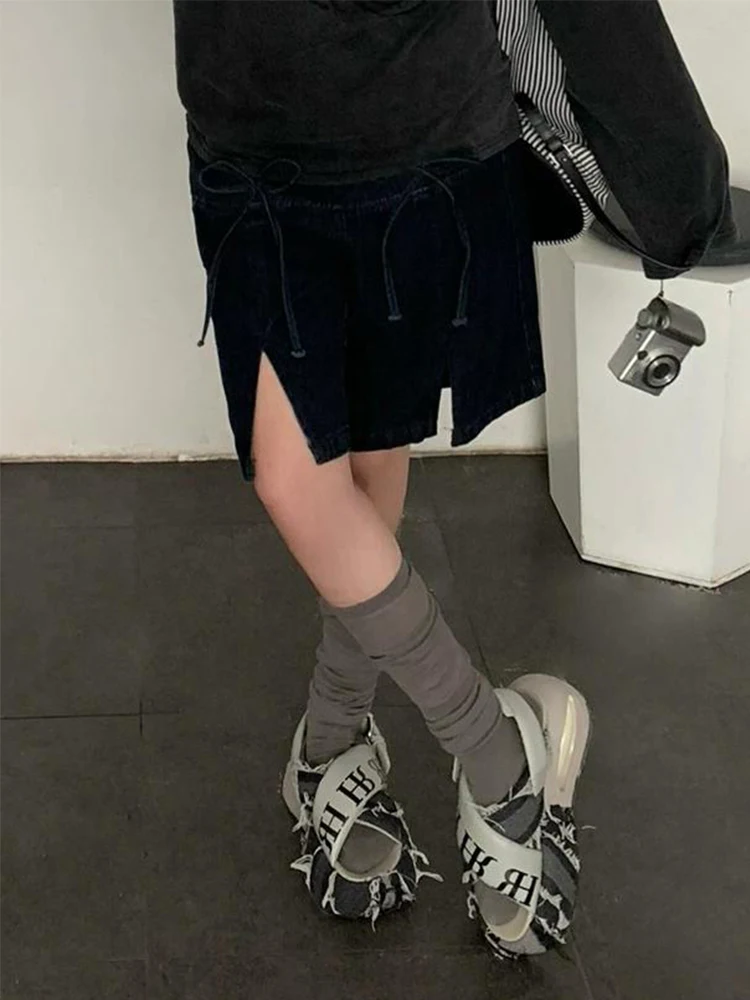 PBAP Cutecore Bow Denim Bermuda Pants Vintage Distressed Pockets High Waist Split Wide Leg Casual Jean Shorts Women Clothing