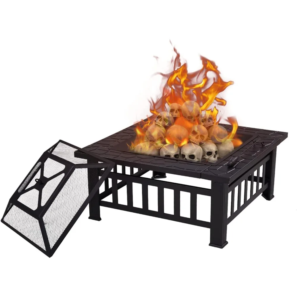 

32-дюймовая уличная костра, костра для горения вогнища на дереве для улицы, квадратный стол для костра на заднем дворе с крышкой из искрового экрана