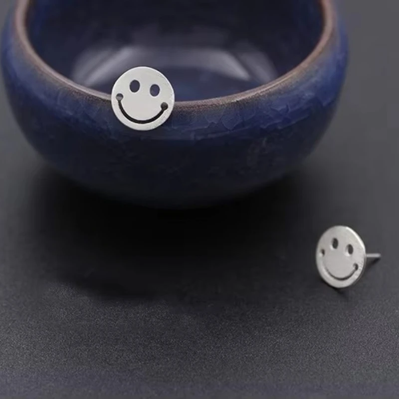 Real 100% 925 Sterling Silver Smiling face Stud Earrings for Women Girls Fashion sterling-silver-jewelry brincos