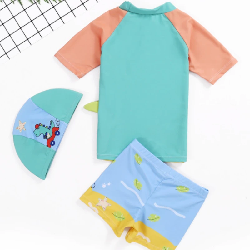 Toddlers Baby Boy Two Piece Suits With Hat Rash Guard Swimsuits Kids Short Sleeve Water Sport Swimwear Cartoon Bathing Suit 2024