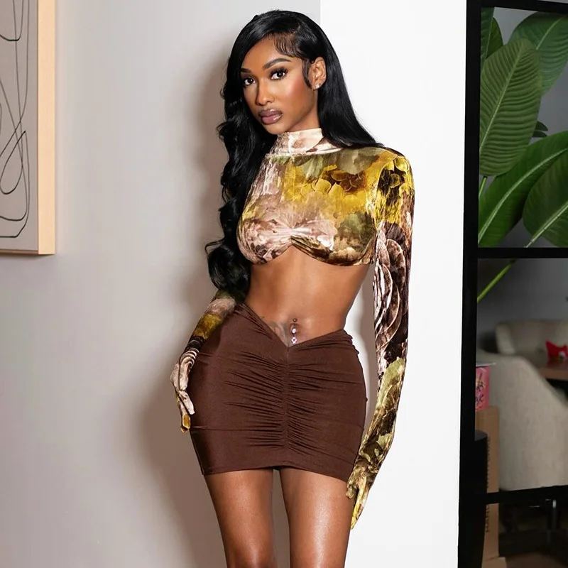 

Women Sexy 2 Piece Set Hipster Glove Full Sleeve Chest Wrap Crop Tops+Ruched Peach Hip Skirts Matching Clubwear Suits