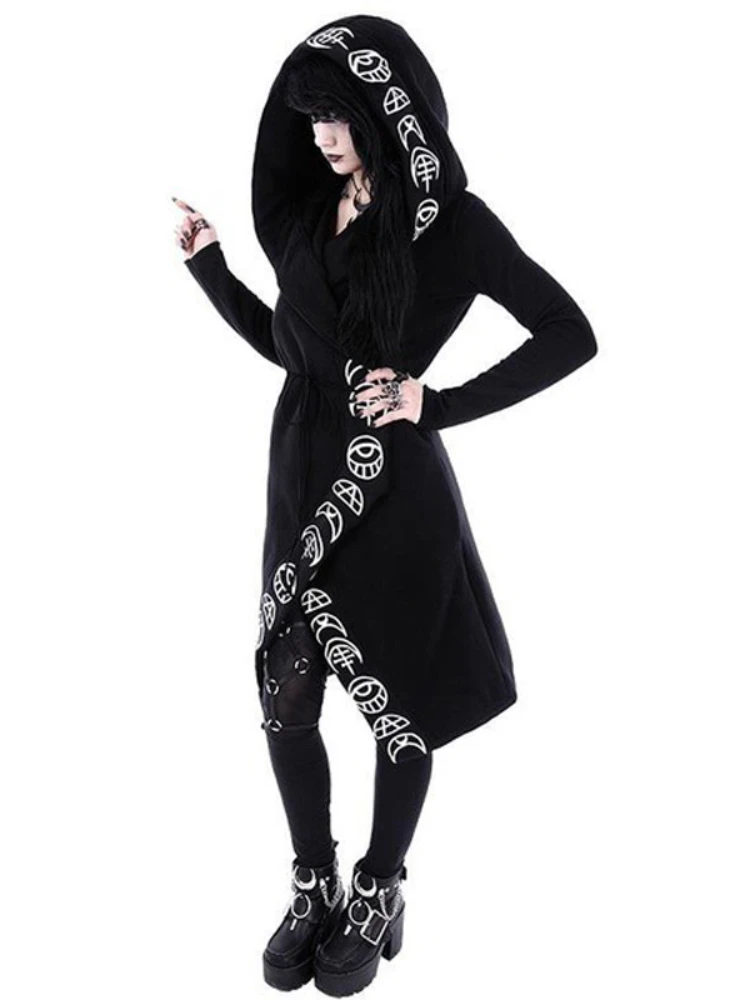 2023 New Autumn Winter Gothic Vintage Black Punk Wind Hooded Harajuku Y2k Grunge Moon Print Long Sleeve Ladies Sweatshirt Hoodie