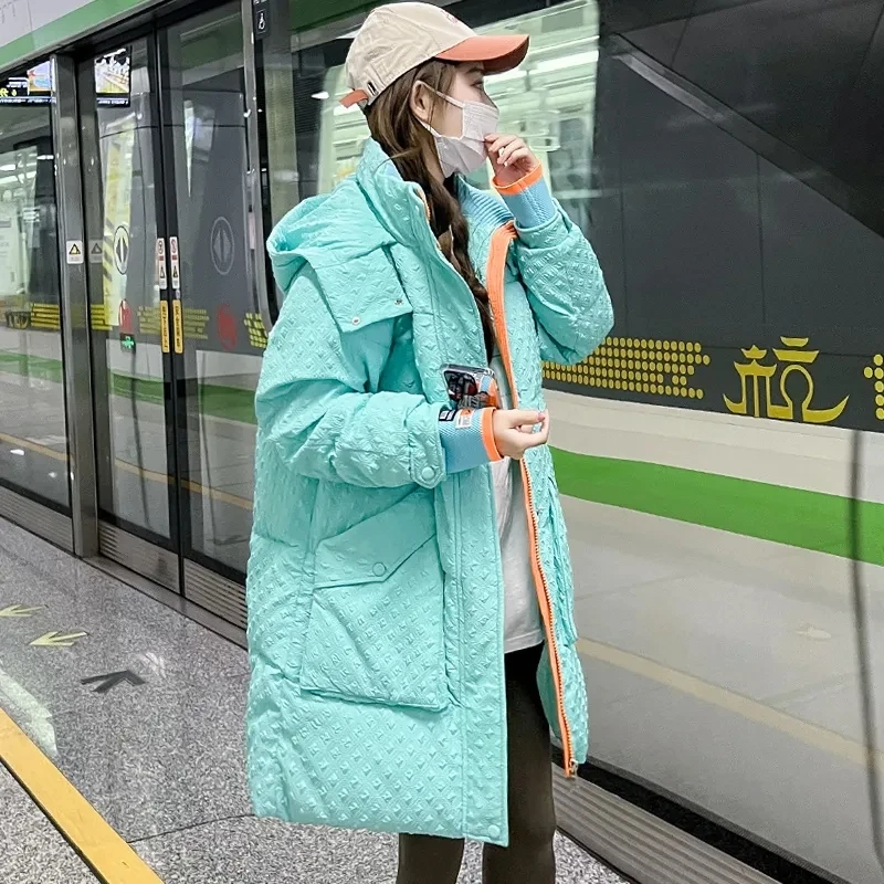 Korean Down Cotton-padded Jacket Women 2024 Winter Medium To Long Lady Outerwear Casual Hooded Loose Keep Warm Parka Coat