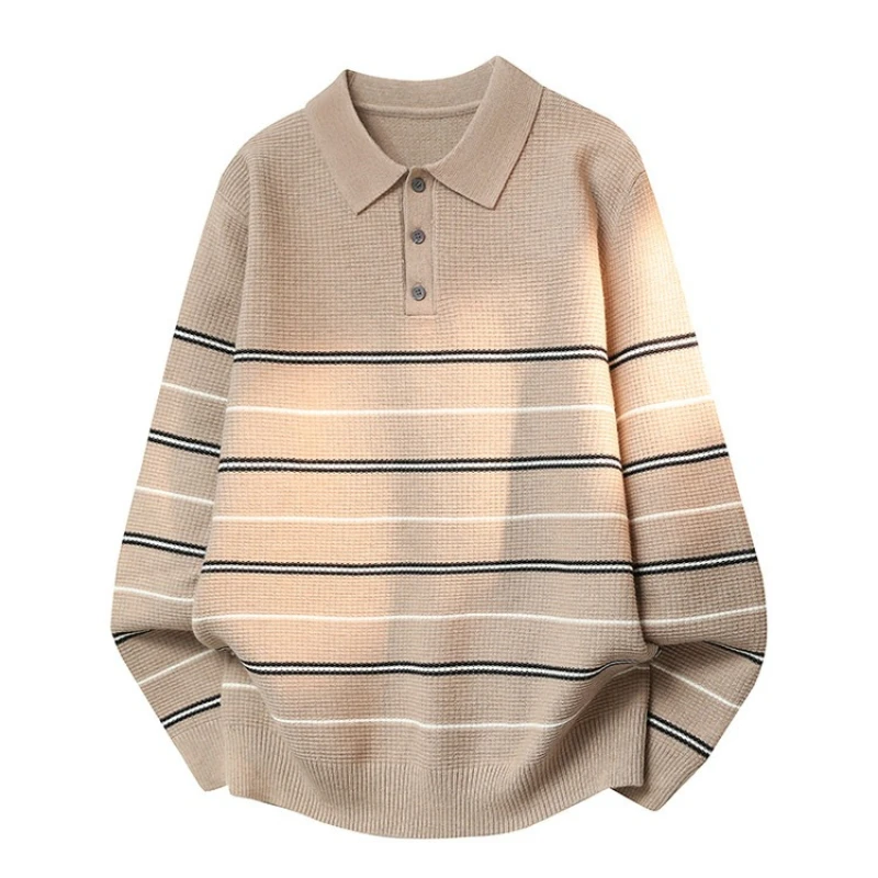 

Men's Polo Collar Striped Sweater, Loose Fit Casual Knit, S-XL, Khaki Gray White Black​ New Arrival