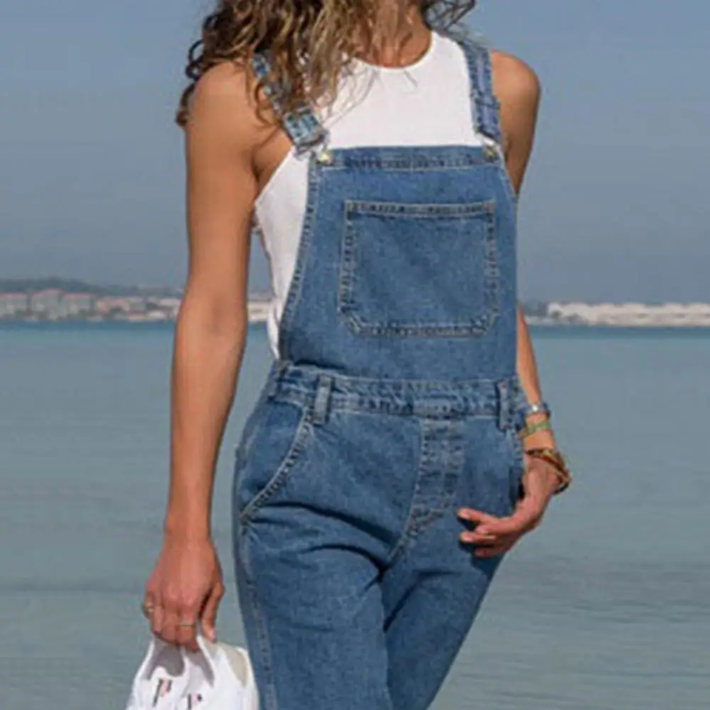 

Women Denim Jumpsuit Solid Color Adjustable Strap Side Pockets Overalls Loose Backless Square Neck Backless Lady Jumpsuit