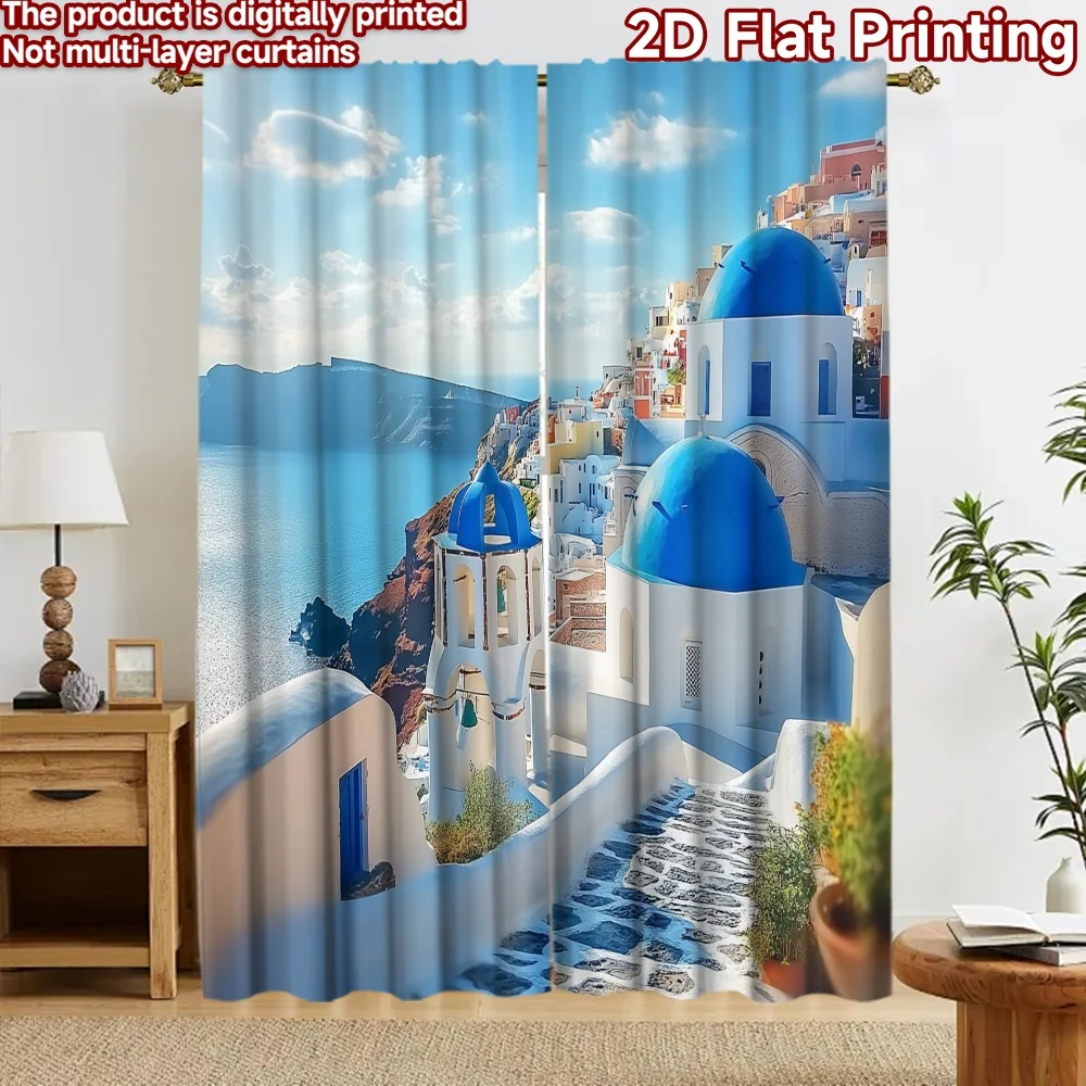 2D flat 2pcs Curtain Home Short Curtains Blue Dome Seaside Village Durable polyester fiber Family Party Decoration Use for