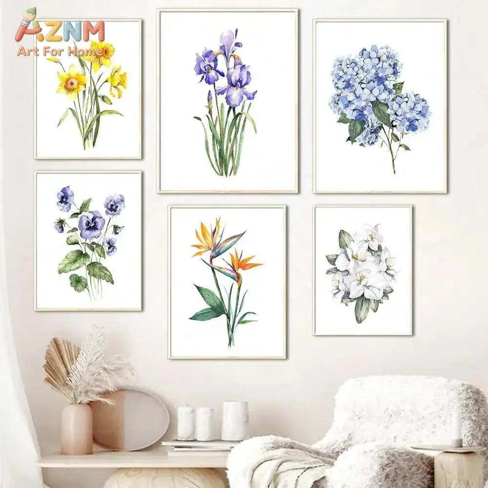 AZNM Impressions sur toile élégantes de fleurs sauvages, iris bleu, hortensia, pour décoration d'intérieur moderne, parfaites pour la chambre à coucher, le salon W