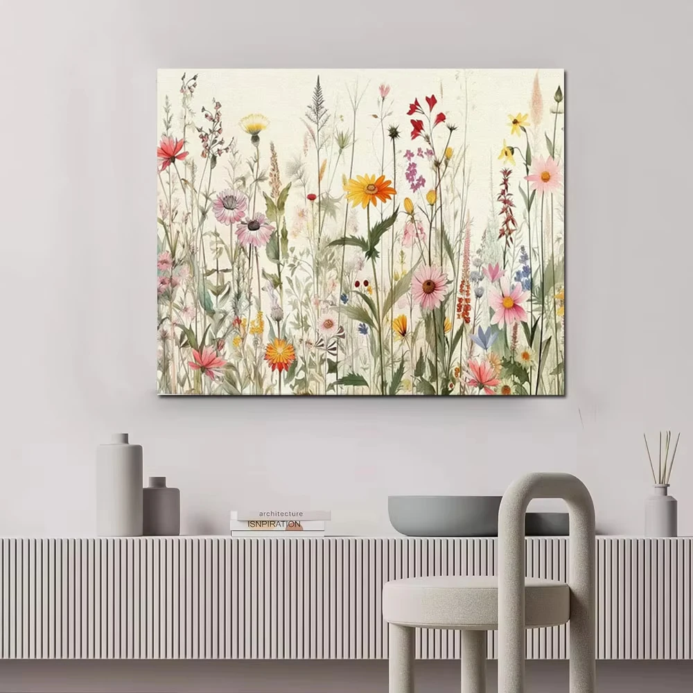 Minimalist Modern Canvas Poster, Bohemian Wall Art, Wildflowers Botanical Home Decor Canvas Painting for Livingroom