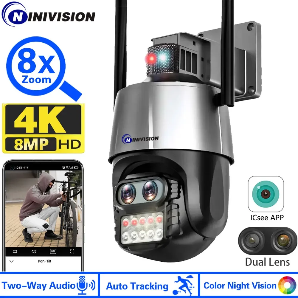 

8MP WiFi IP Camera 8X Zoom 4K Dual Lens Security Camera Outdoor Auto Tracking Siren Alarm Video Surveillance P2P ICsee CCTV PTZ