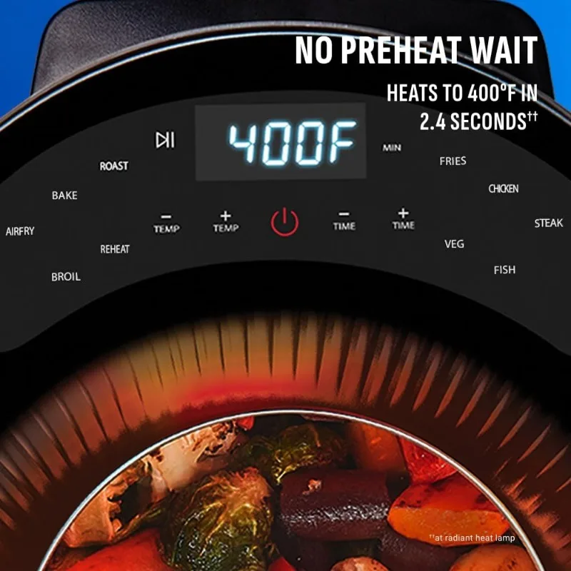 5.3 QT Radiant Light Air Fryer, Heats to 400°F in 2.4 Seconds, Auto Shut-off, 10 Quick-Touch Presets, Skylight Window