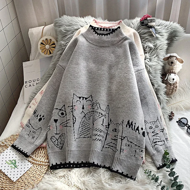 Korobov Women Sweaters Winter Thick Cartoon Knitted Jacquard Pullovers Female O Neck Long Sleve Preppy Style Sueter Mujer