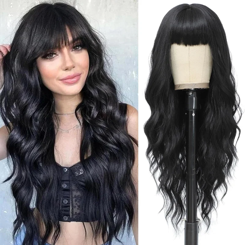 Black Wig with Bangs for Women 26 Inch Long Wavy Wig Natural Black Hair Wigs ...