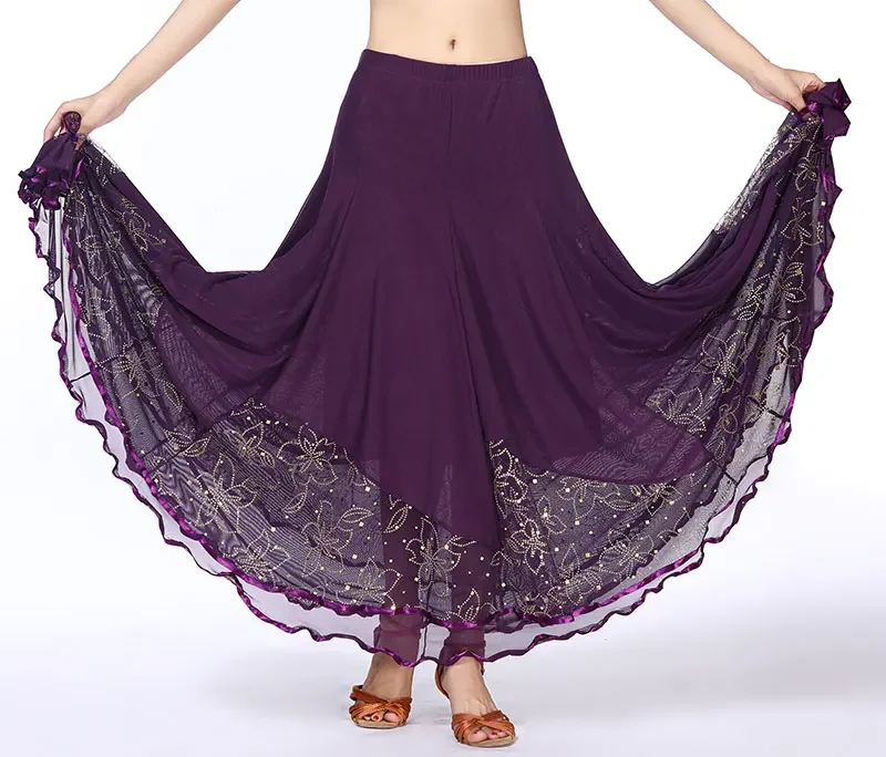Falda de baile moderna con lentejuelas para mujer, faldas de baile Flamenco, columpio largo, vals estándar, baile de salón español, ropa de escenario de Tango