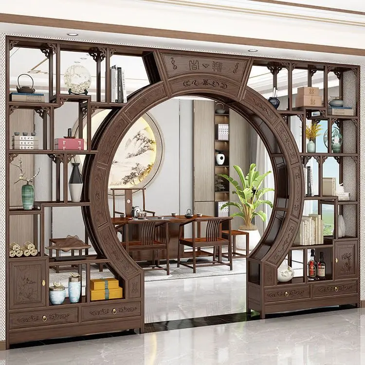 New Chinese Moon Cave Door Solid Wood Living Room Partition Bogu Frame Duobao Pavilion Round Arch Shelf Double Circle Moon Door