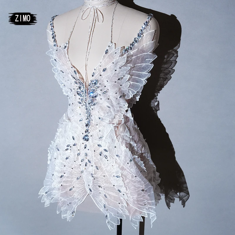 fashion rhinestones dress White Women Sexy mesh transparent  Mini Birthday Dress Nightclub Party Celebrate performance costumes