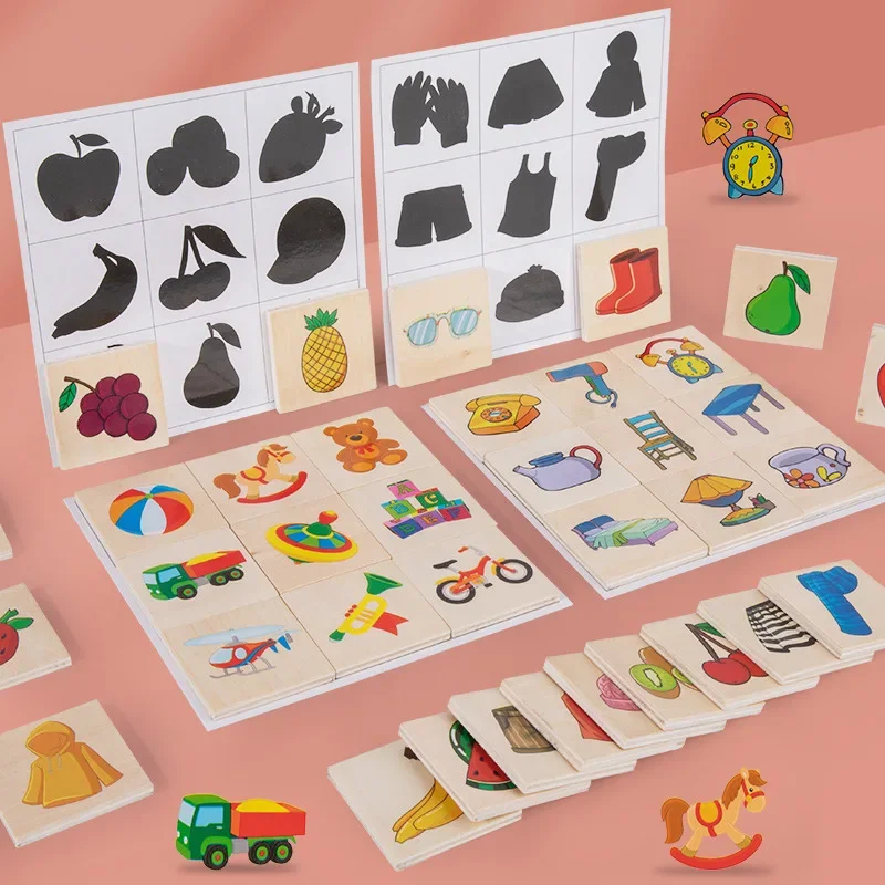 Juego de mesa a juego con forma Montessori, encuentra la sombra, imágenes combinadas, animales, frutas, bloques, rompecabezas, juguetes educativos para niños, madera