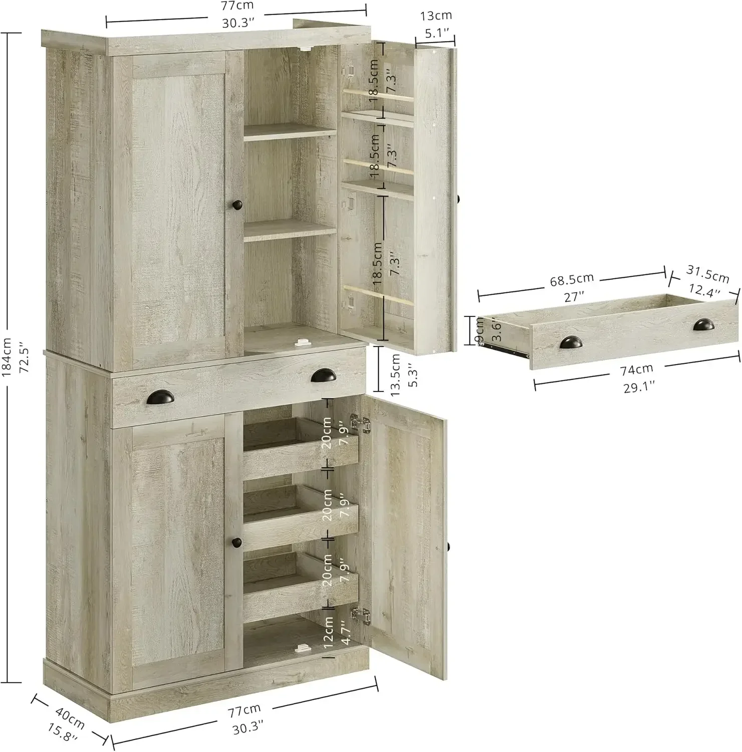 Armário de despensa de cozinha Ironck com 72"" de altura, armário independente com gaveta, rack de armazenamento deslizante e 6 prateleiras suspensas para