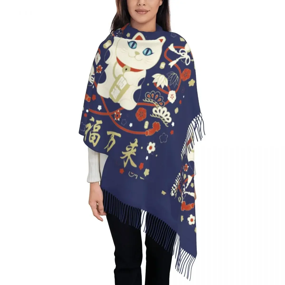 Customized Print Japanese Maneki Neko Cat With Good Luck Kanji Scarf Women Men Winter Fall Warm Scarves Shawl Wrap