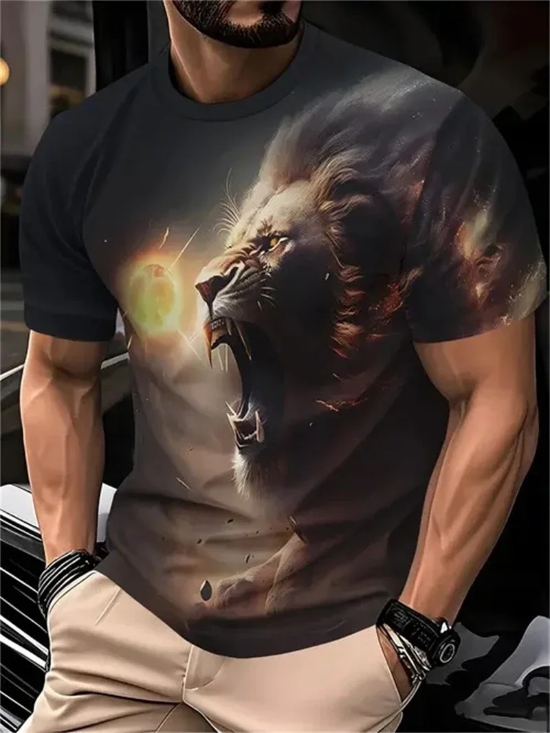 Kurzarm-T-Shirt mit brüllendem Löwen-Print, Rundhalsausschnitt, lässiges Tier-T-Shirt für Herren