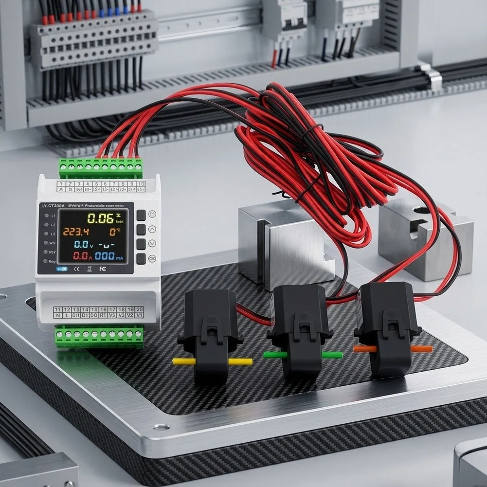3 Phase Wireless Bi-Directional Energy Meter With 3 Clamps, Rail-Mount Digital Protector LCD Display For Solar PV