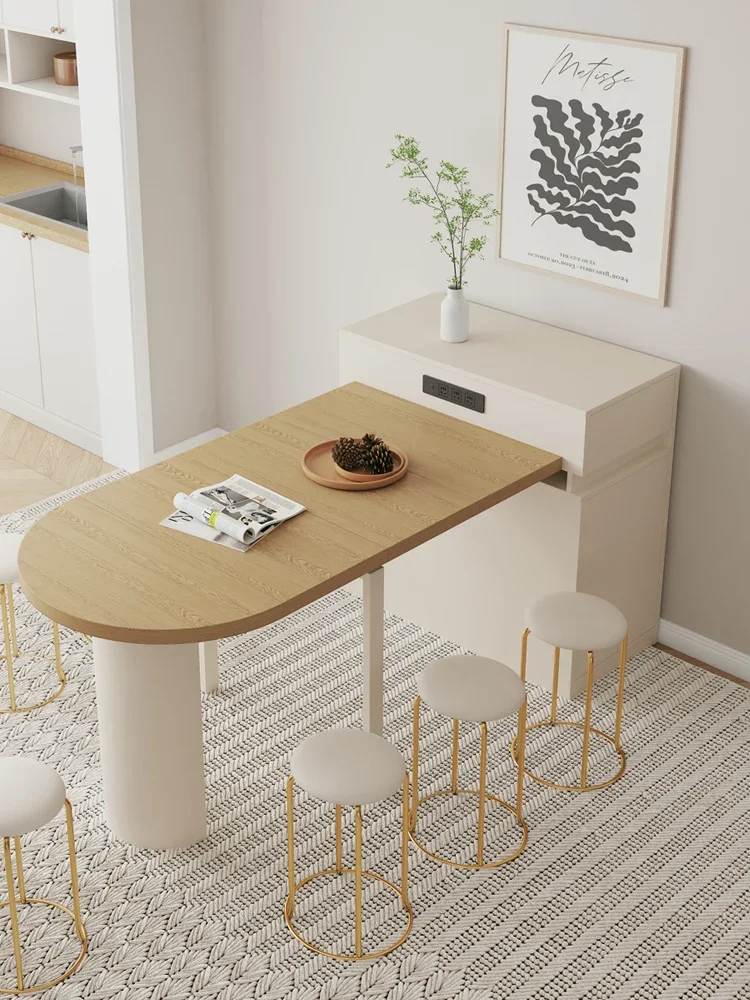 Cream Wind Island Dining Table Integrated Household Retractable Semicircular Table Oval Folding Dining Table