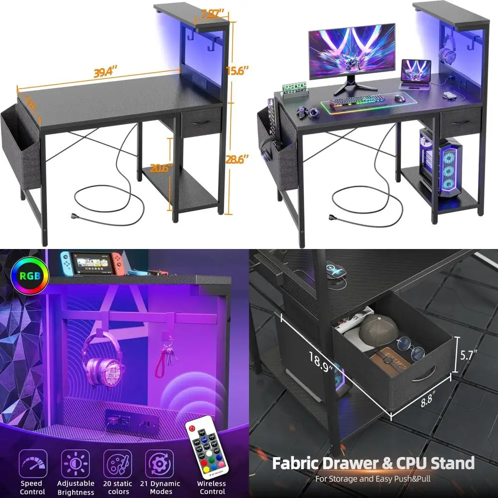 

40 игровых столов из углеродного волокна с розеткой, светодиодной подсветкой, двусторонними полками и ящиком для хранения для домашнего офиса