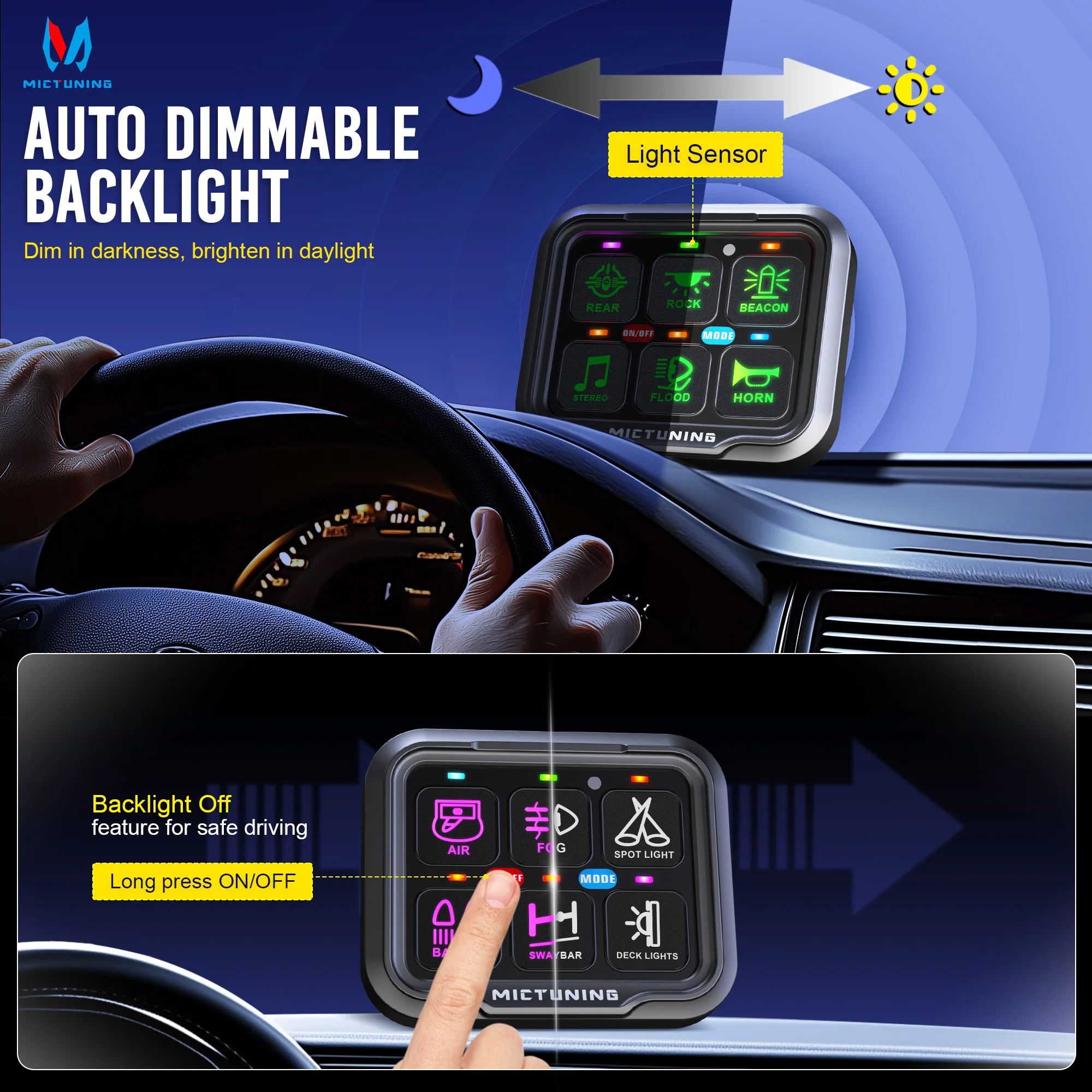 MICTUNING Painel de interruptores de 6 gangues P8-Ultra, caixa de sistema de relé de controle de circuito universal caixa de interruptor multifuncional para caminhão captador de carro