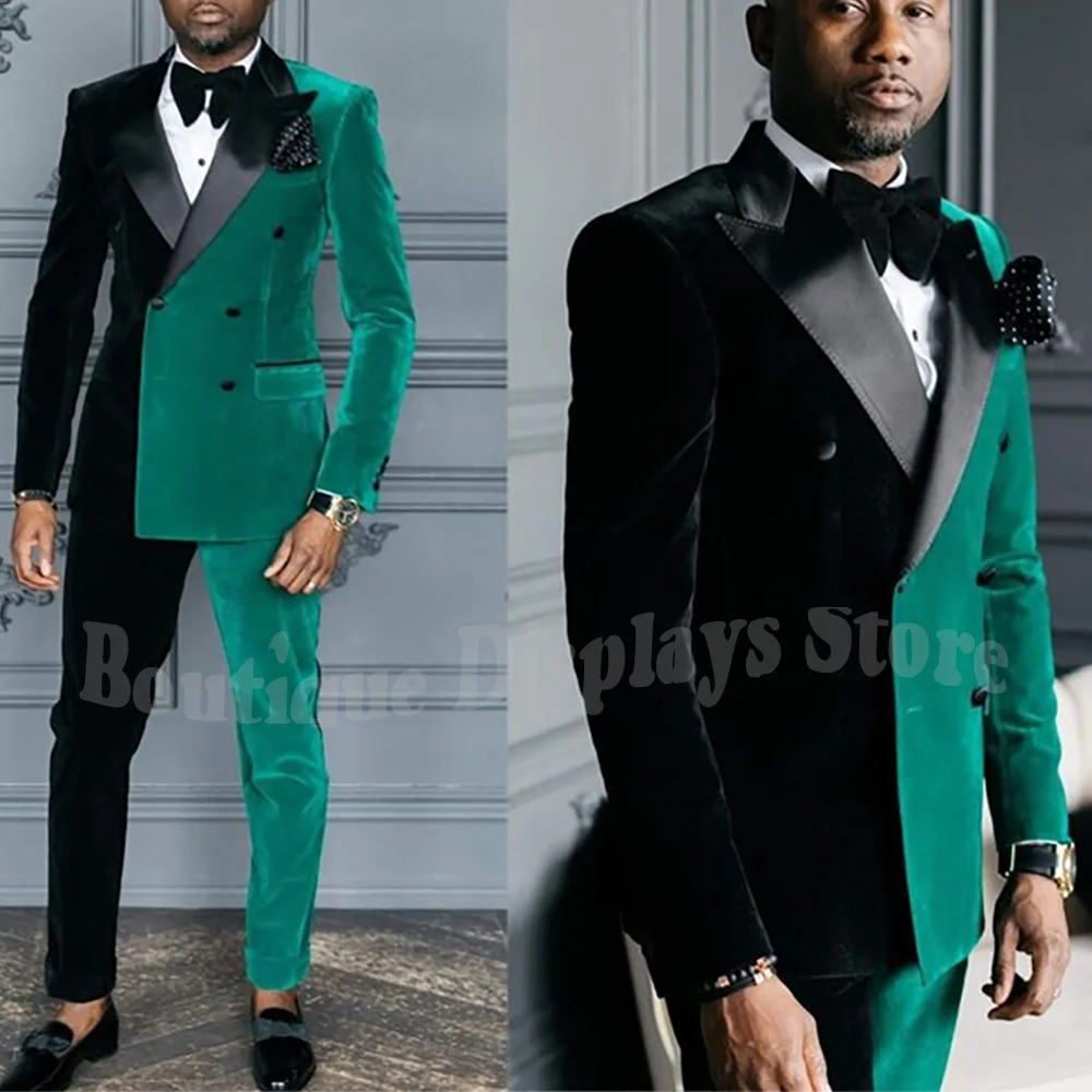 سليم صالح الرجال البدلة 2 قطعة أنيقة المخملية التباين اللون بلغت ذروتها التلبيب الزي مجموعة مزدوجة الصدر مصممة العريس بدلة الزفاف