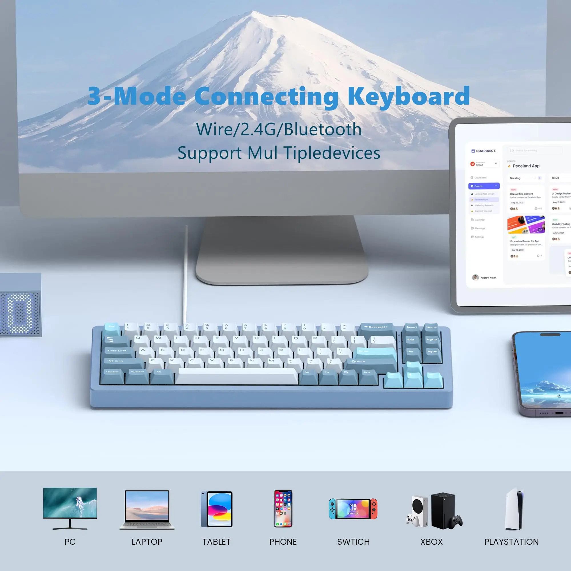 Imagem -06 - Teclado Mecânico sem Fio para Jogos Azul S-k71 Bluetooth Hot Swappable 68 Alumínio Junta Tri-mode para Mac wp Switch Vermelho Mulheres