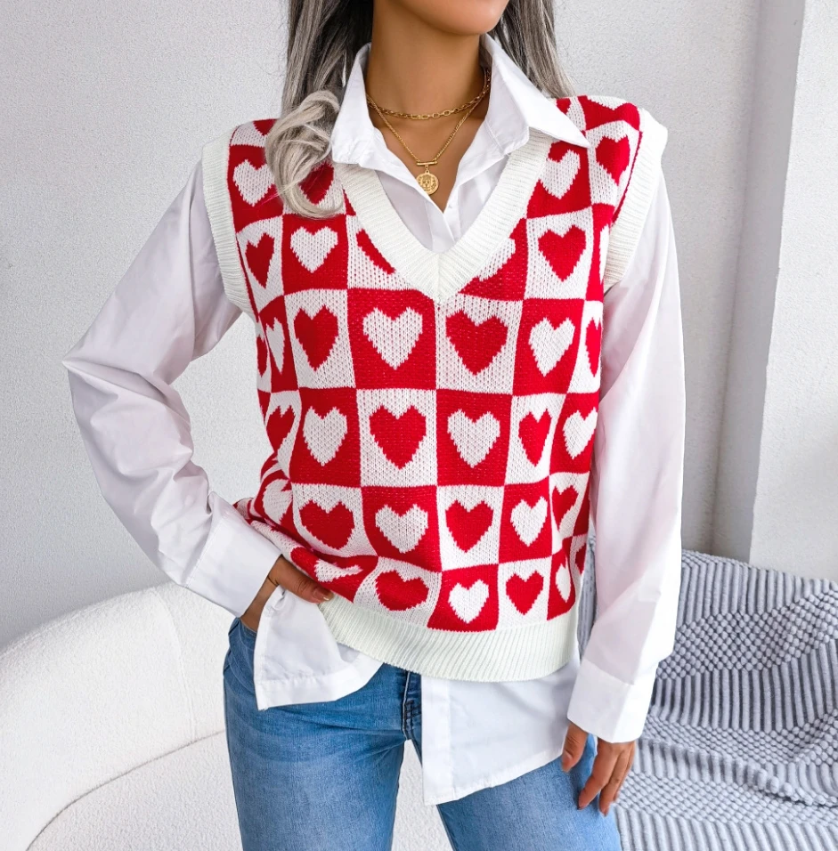 Korean Women's Sweater Heart-Shaped Loose Knit Vest Top Women's Pullover Shirt Street Fashion Autumn New Women's Sleeveless Vest