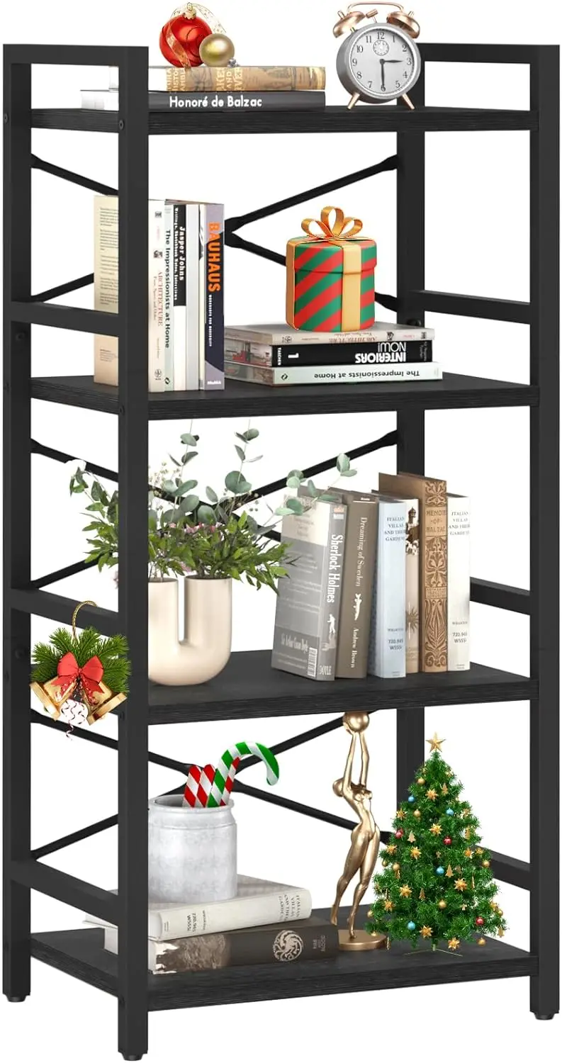 

Yoobure 4 Tier Bookshelf - Small Book Shelf Industrial Bookcase, Narrow Book Case Book Storage Organizer for CD/Movie/Book,