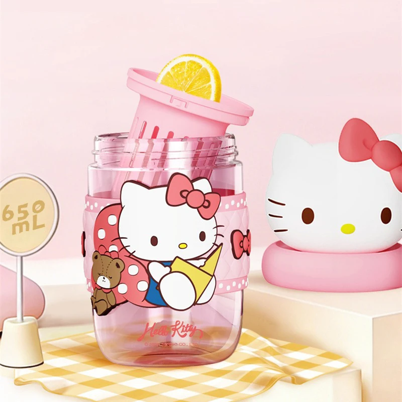 X&W Sanrio Plastic Water Bottle Cartoon Straw Mug with CarryIing Rope＆Cute Lid Summer Cold Drink Tea Tumbler Sports/Travel Cup view 2