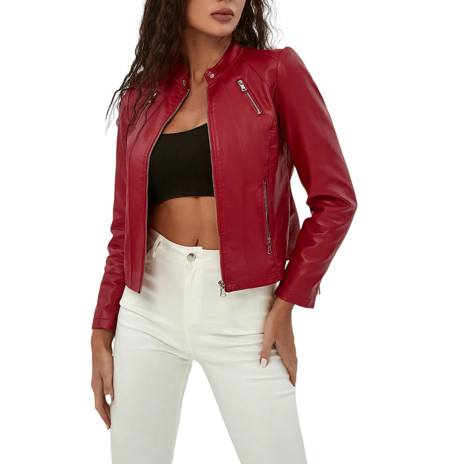 Leather Jacket Women 2023 Autumn Spring Red Black Biker Jacket Ladies Commute Bomber Jackets Women\'s Short Slim PU Leather Coat