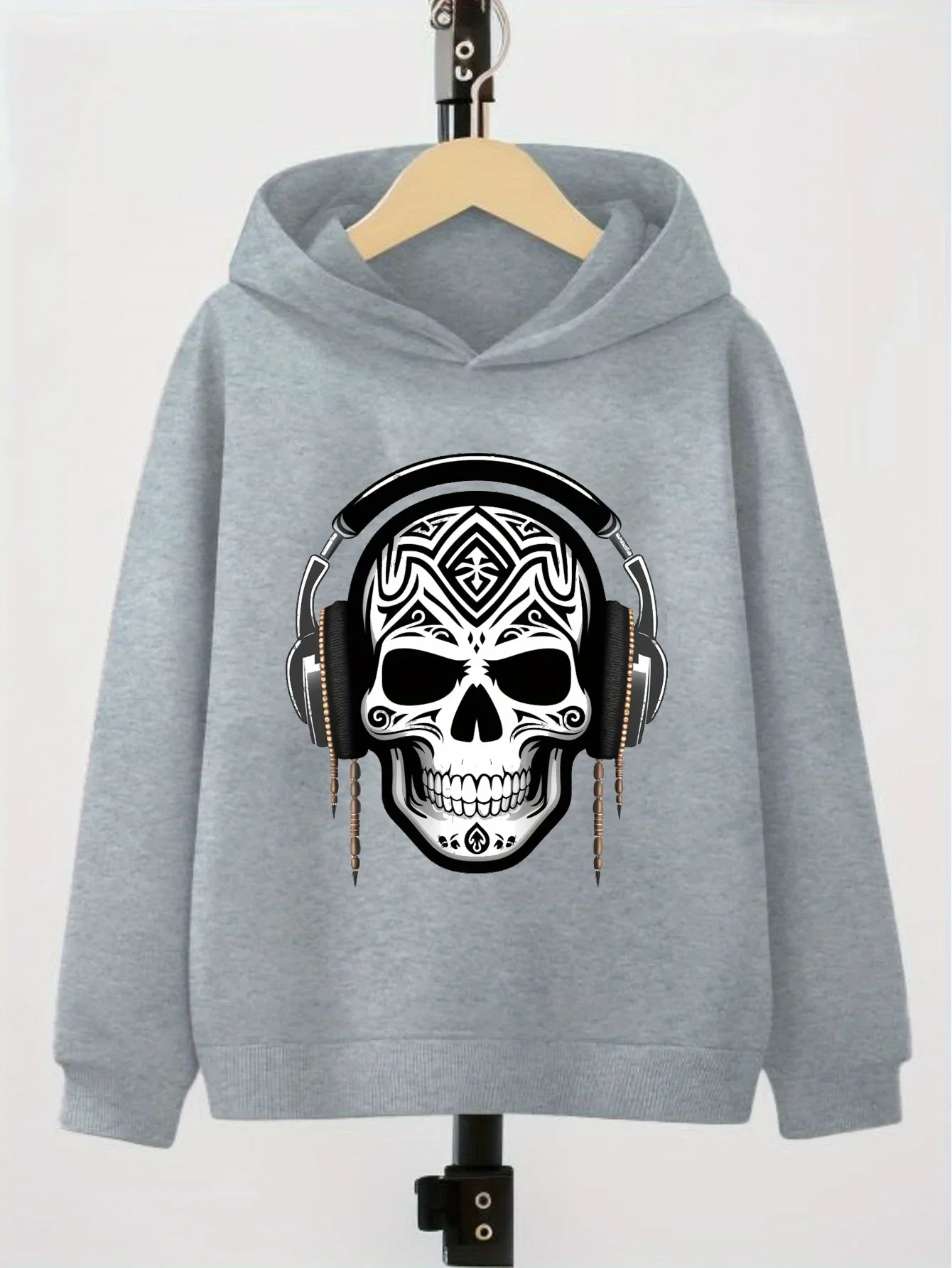 Children Rock‑Style Skull Hoodie Headphone Tribal Art Print Pullover Autumn Winter Fleece Warm Trendy Boys Hooded Sweatshirt