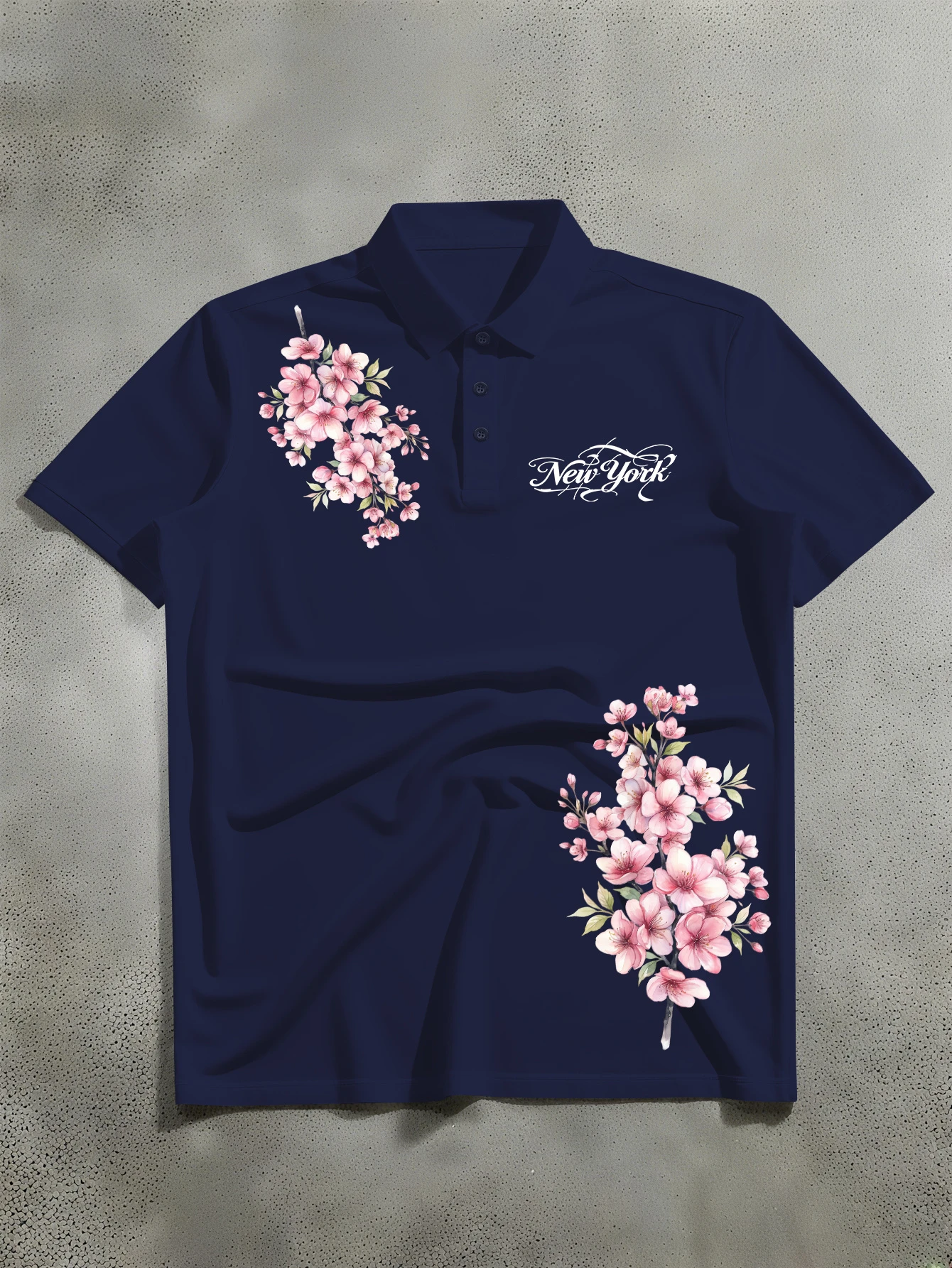 Women Short Sleeve Polo Shirt Cherry Blossom Floral New York Letter Print Lapel Collar Button Casual Daily Ladies Tops Blouse