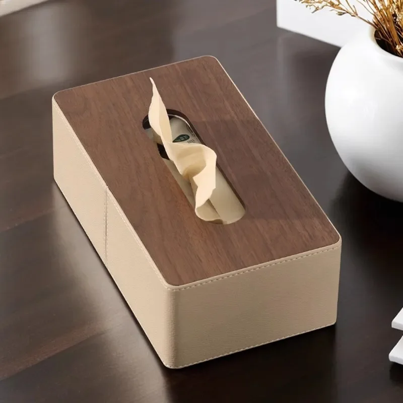 【Premium】AhunderJiaz Light Luxury Walnut Leather Tissue Box Living Room Desktop Household Organizer Home Retro Decoration