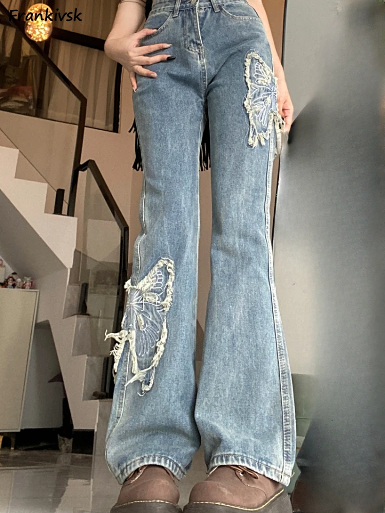 

Flare Jeans Women Animal Embroidery Frayed Washed Vintage Hotsweet All-match Spring Summer Denim High Waist Japanese Style Retro